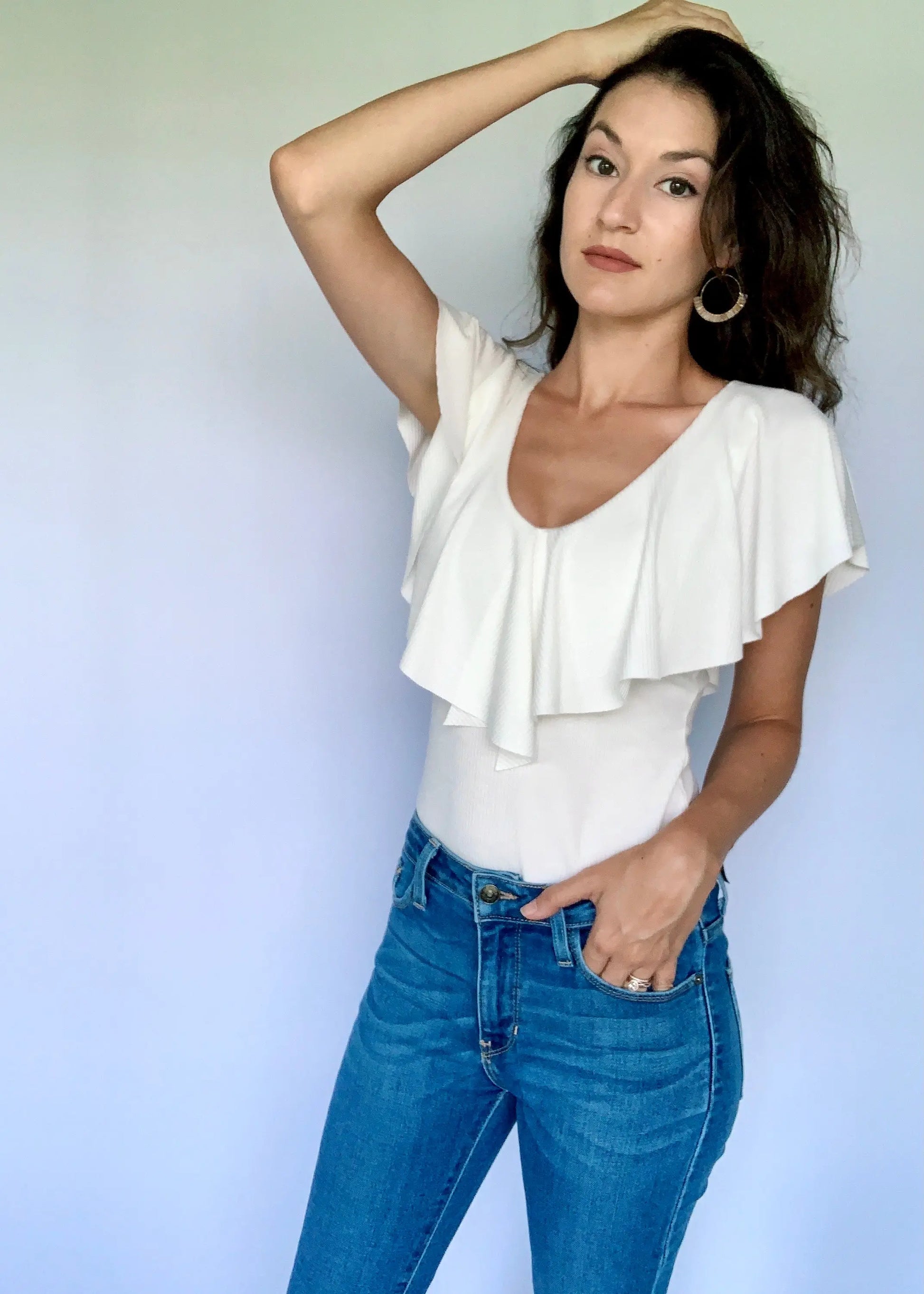 The Tiny Details Ruffle Ivory Ribbed Bodysuit