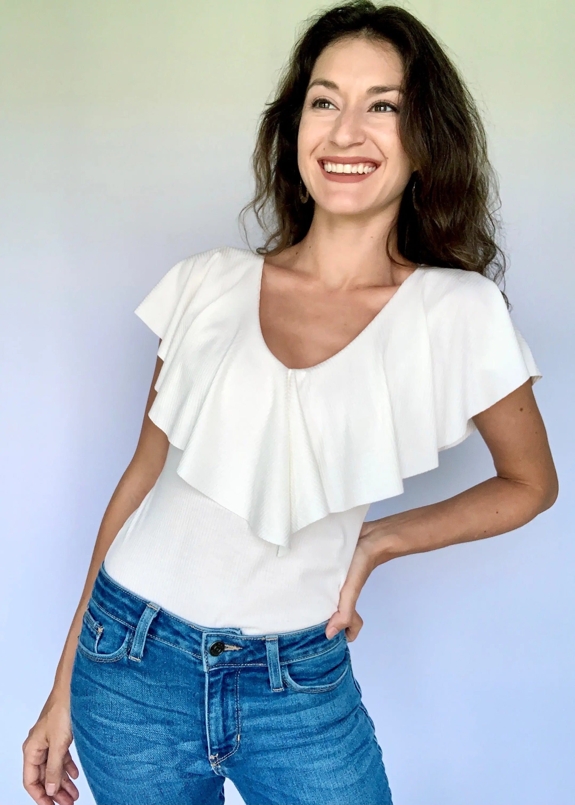 The Tiny Details Ruffle Ivory Ribbed Bodysuit