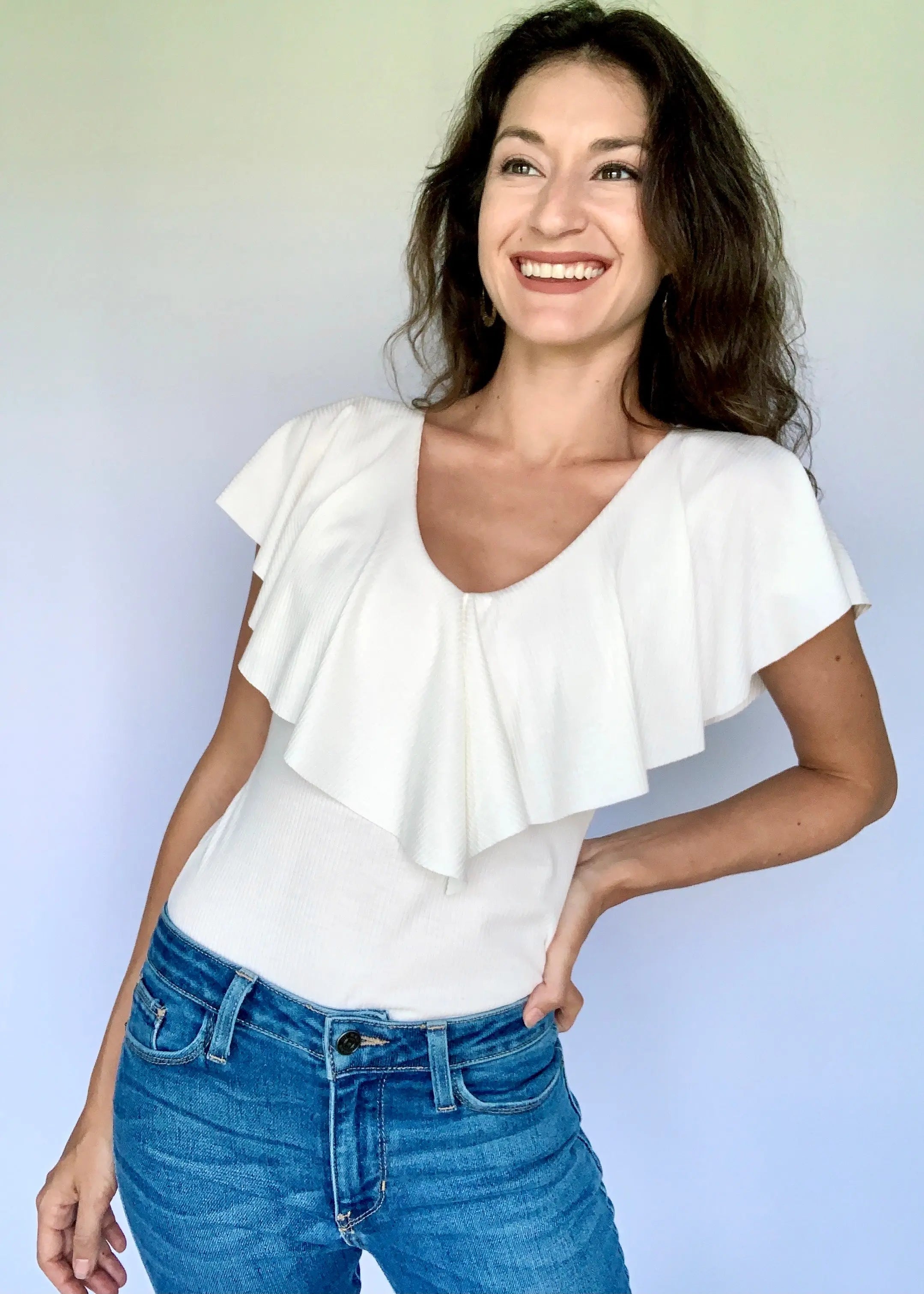The Tiny Details Ruffle Ivory Ribbed Bodysuit