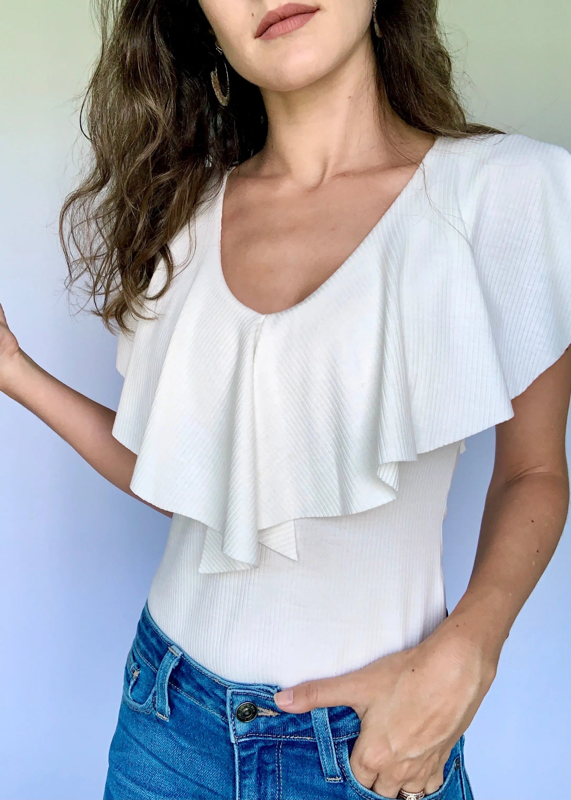 The Tiny Details Ruffle Ivory Ribbed Bodysuit