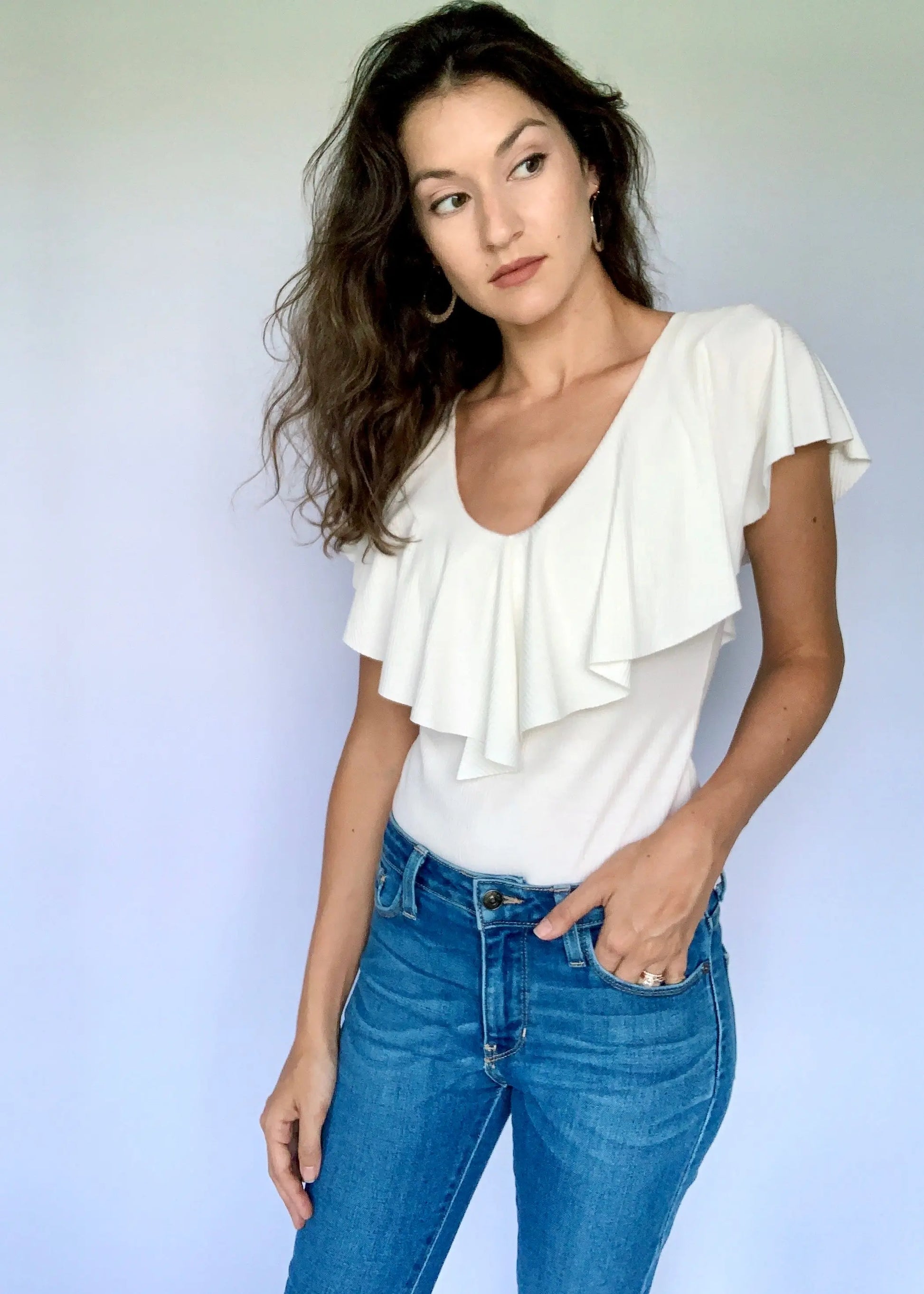 The Tiny Details Ruffle Ivory Ribbed Bodysuit