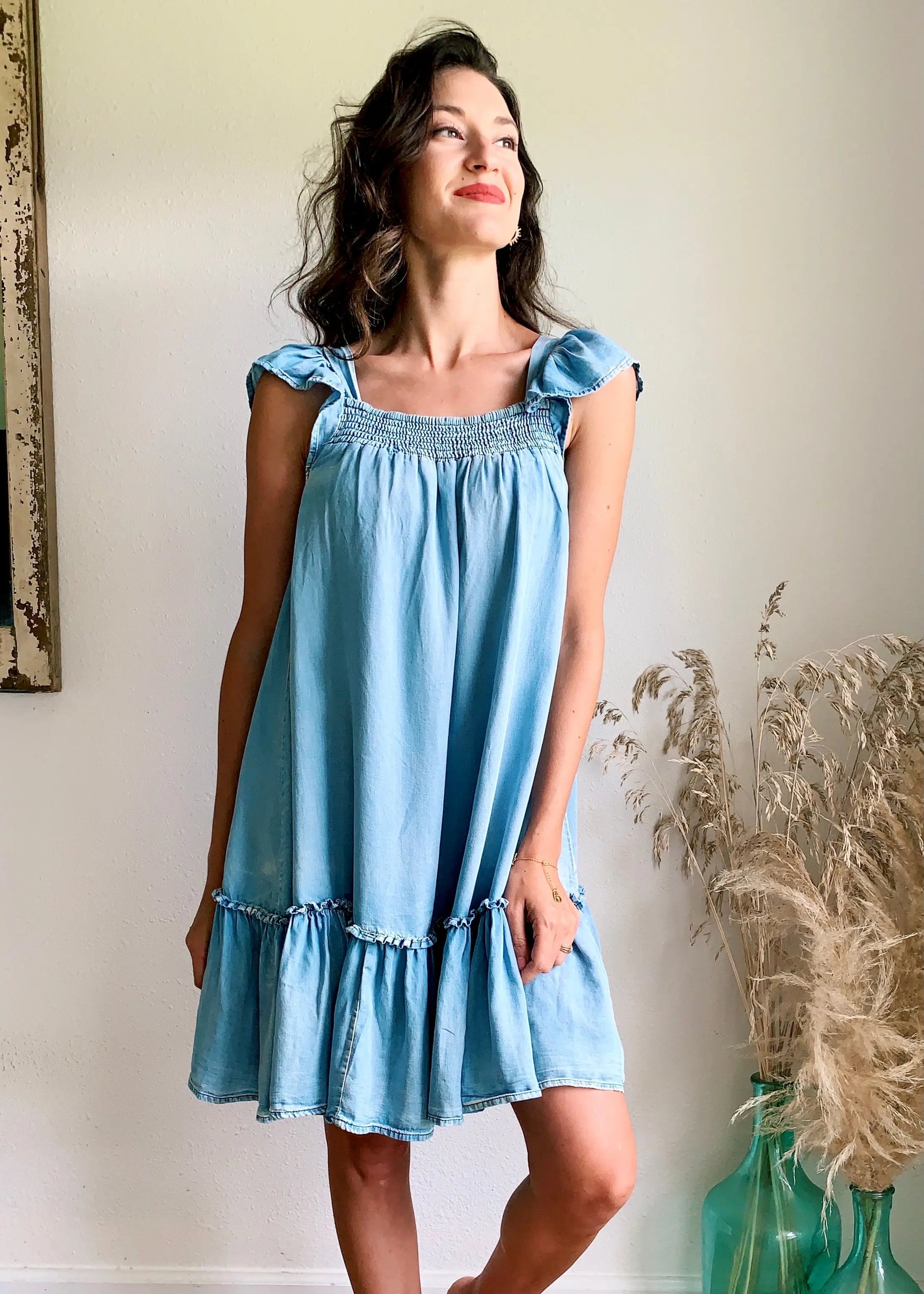 The Tiny Details Ruffled Cap Sleeve Chambray Babydoll Dress
