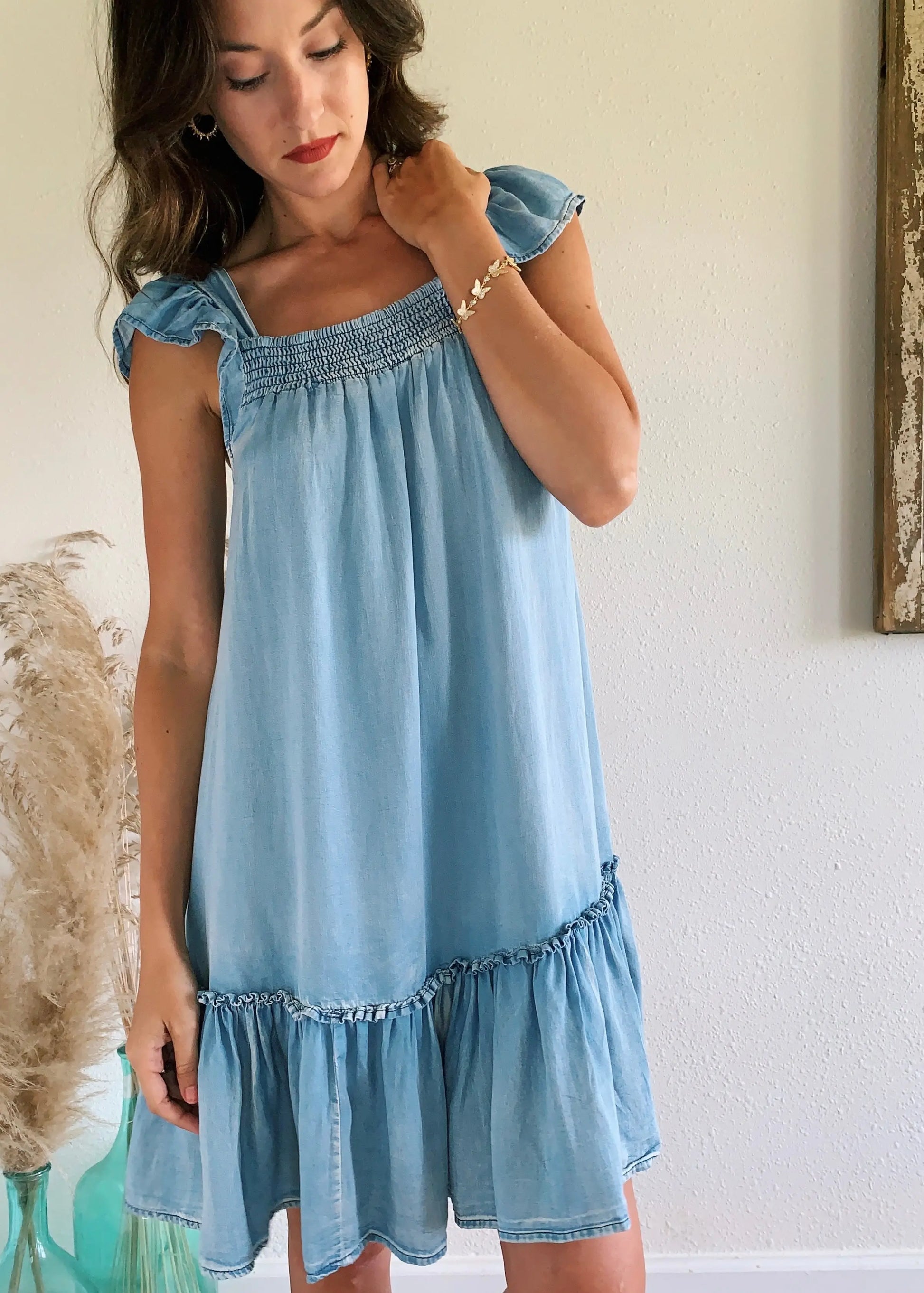 The Tiny Details Ruffled Cap Sleeve Chambray Babydoll Dress