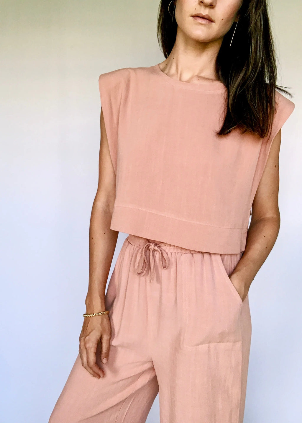 The Tiny Details Salmon Structured Sleeve Crop Top