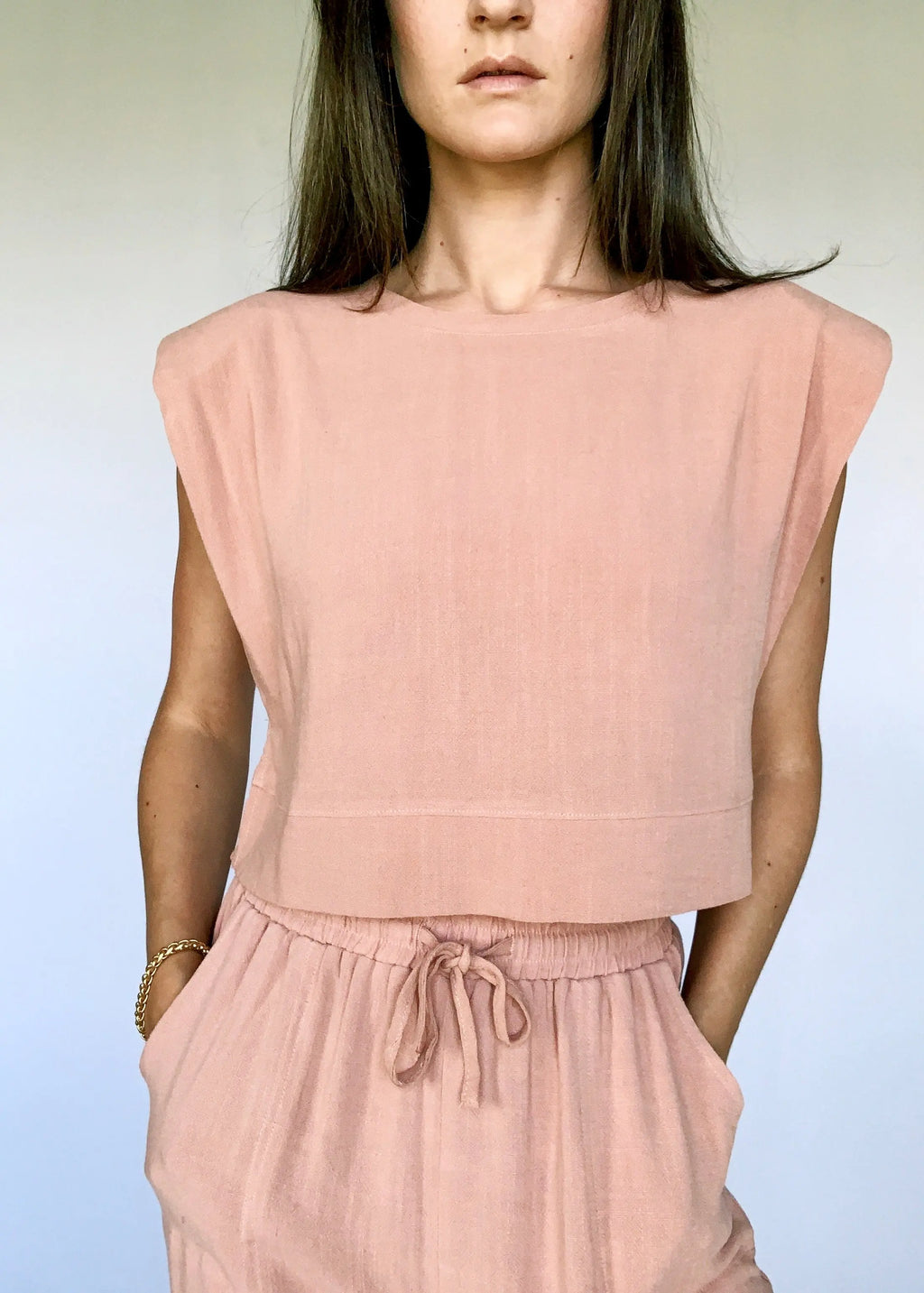 The Tiny Details Salmon Structured Sleeve Crop Top