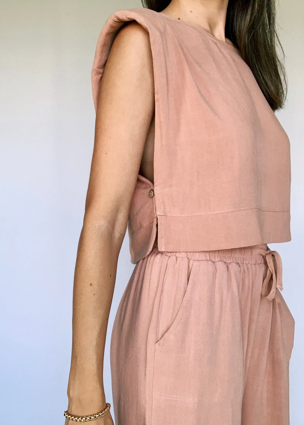 The Tiny Details Salmon Structured Sleeve Crop Top