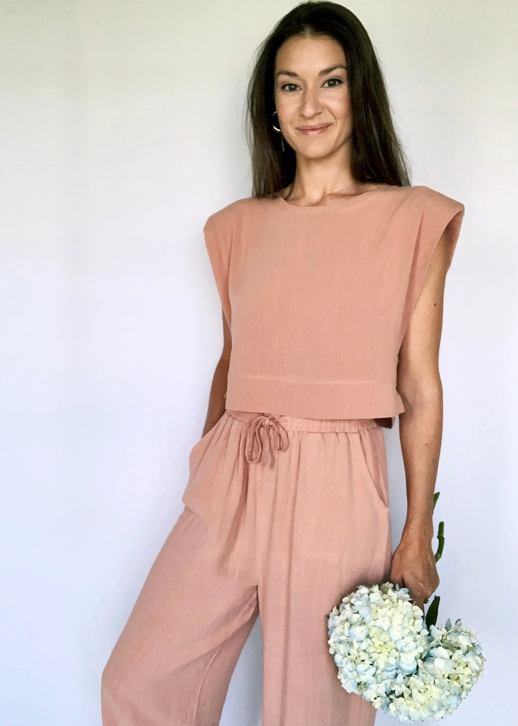 The Tiny Details Salmon Structured Sleeve Crop Top