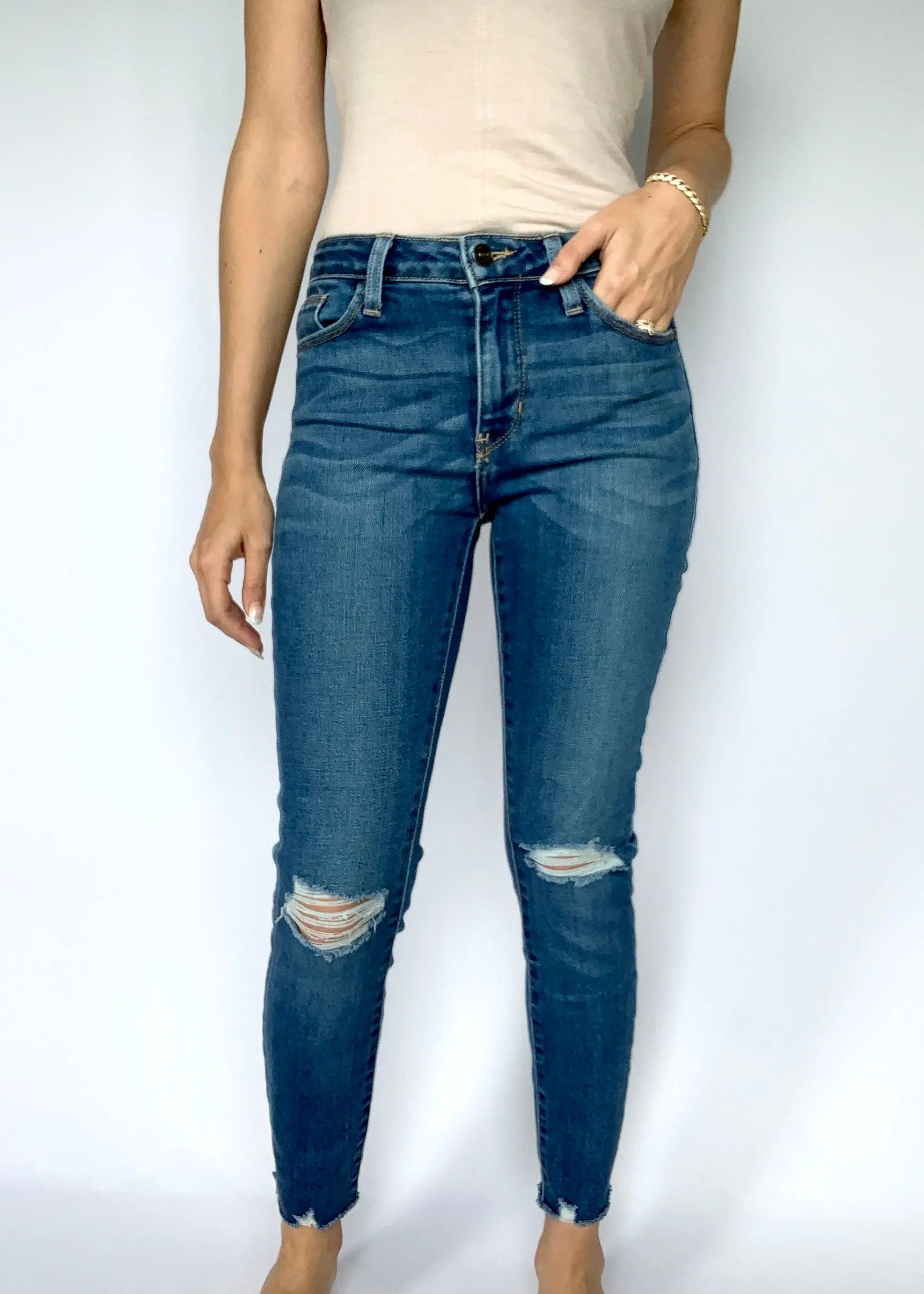 The Tiny Details Skinny Medium Wash High Rise Distressed Denim