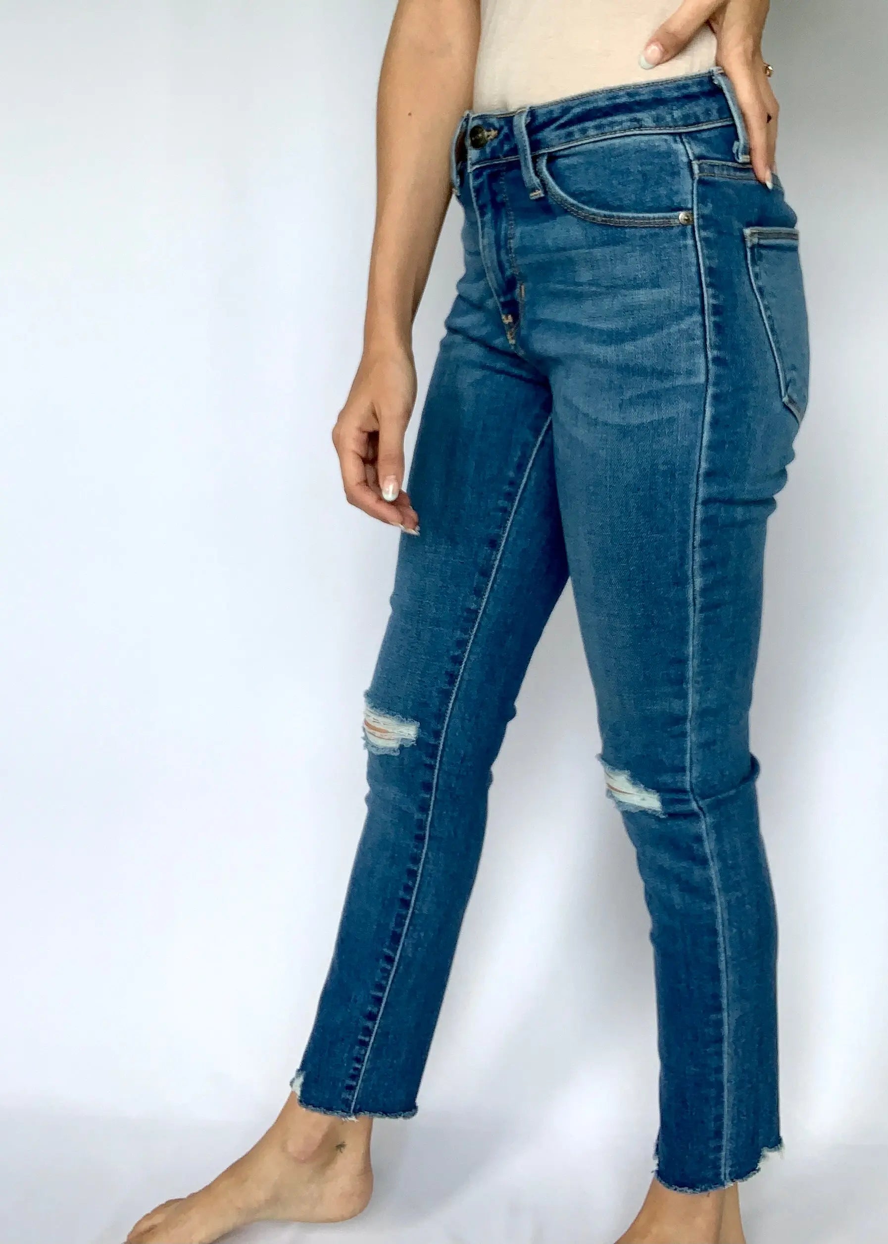 The Tiny Details Skinny Medium Wash High Rise Distressed Denim