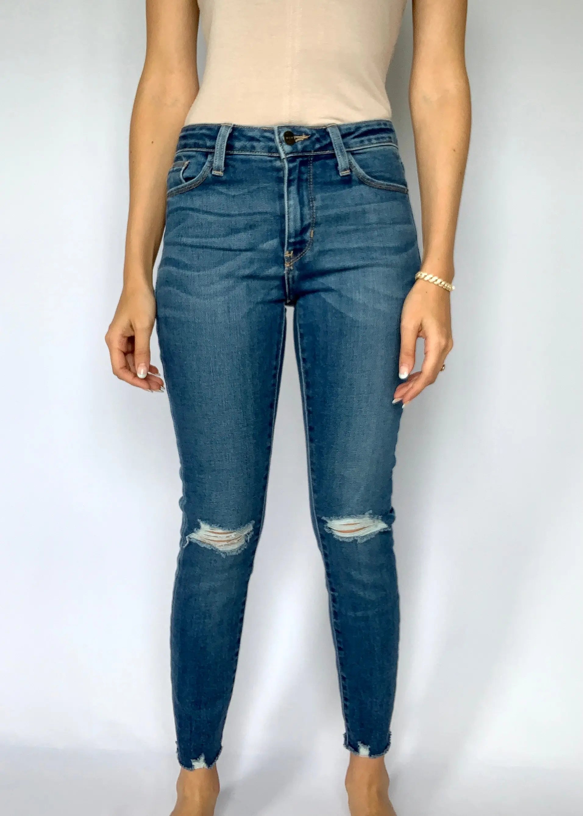 The Tiny Details Skinny Medium Wash High Rise Distressed Denim