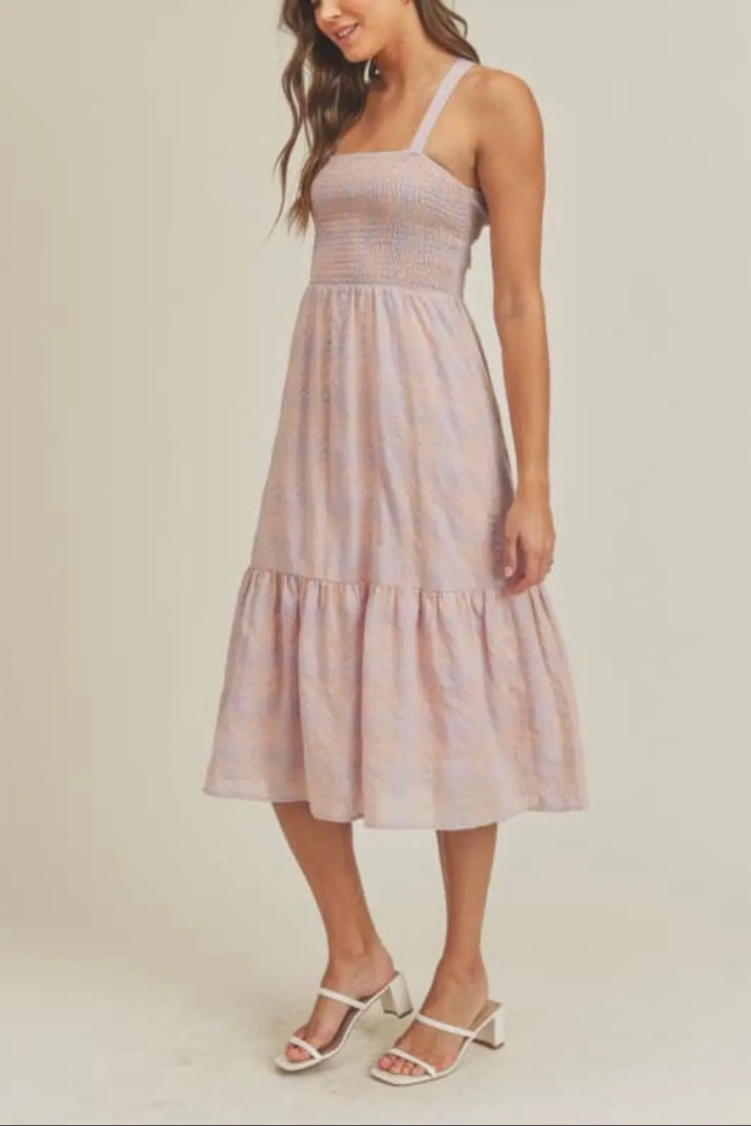 The Tiny Details Smocked Plaid Ruffle Midi Dress