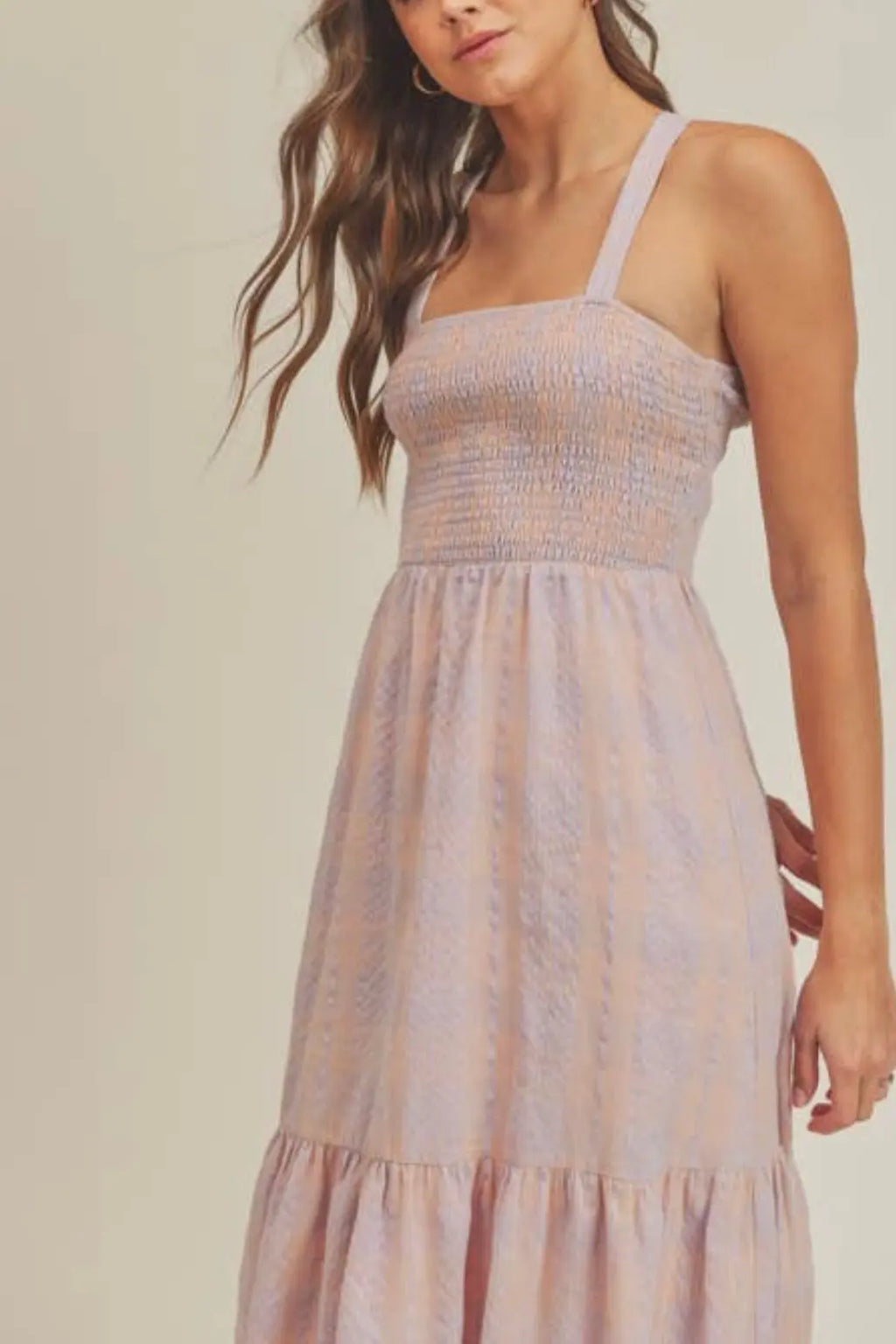 The Tiny Details Smocked Plaid Ruffle Midi Dress