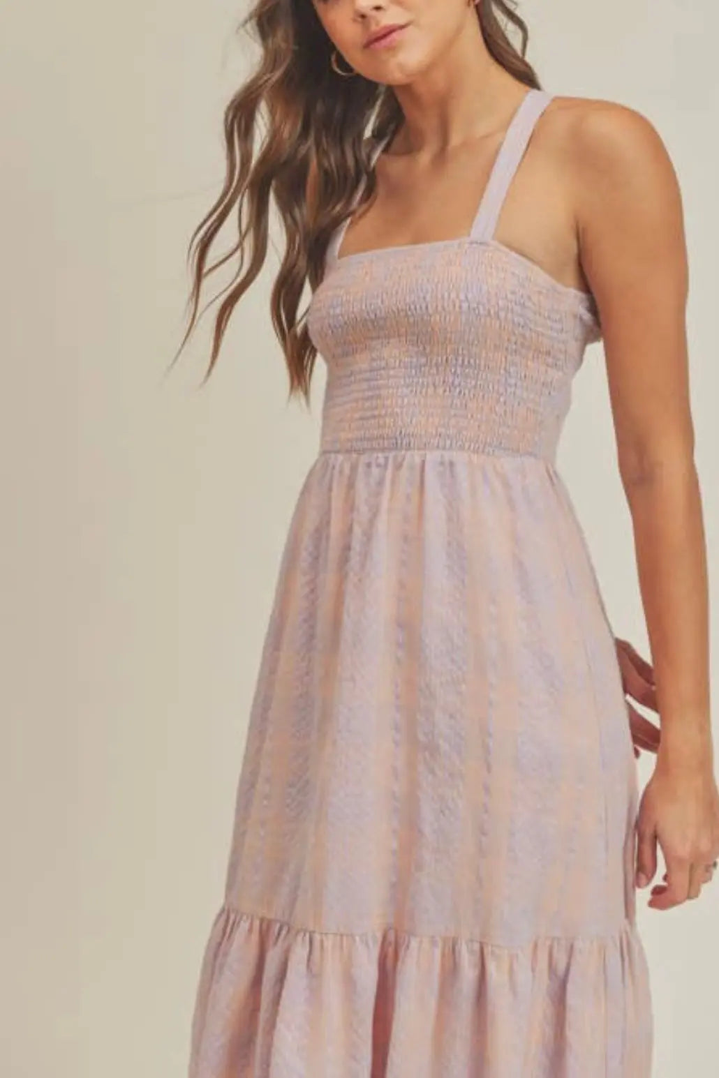 The Tiny Details Smocked Plaid Ruffle Midi Dress