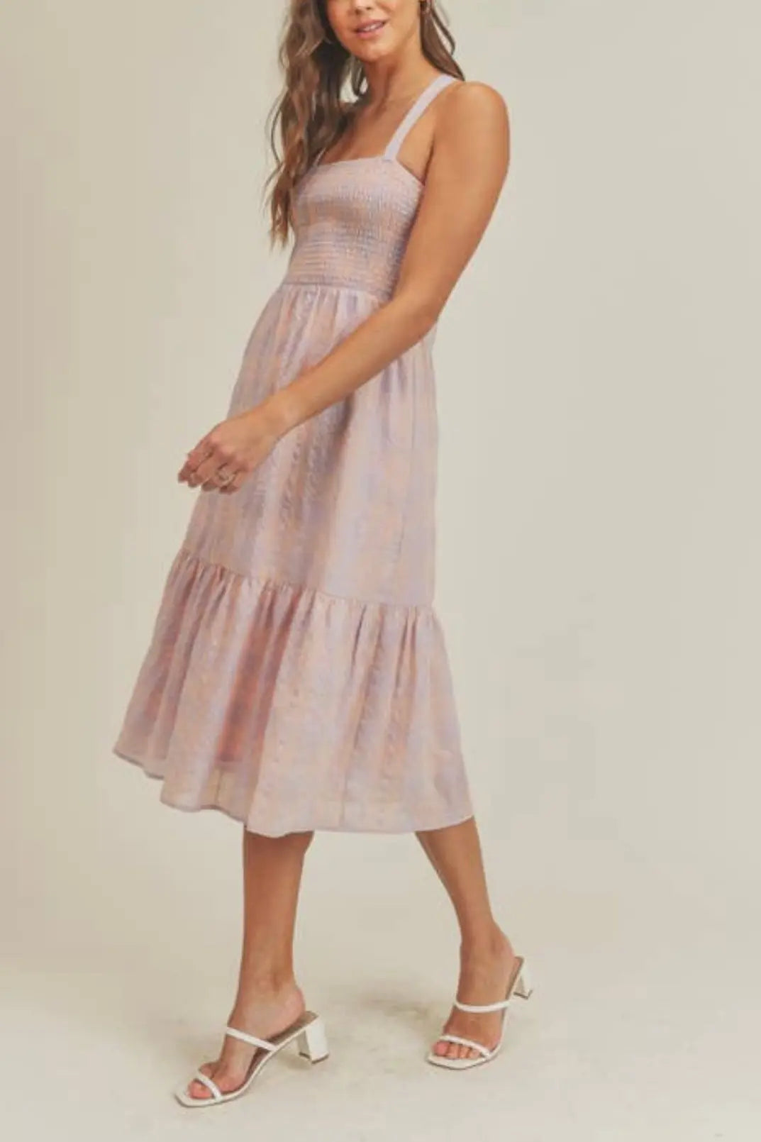The Tiny Details Smocked Plaid Ruffle Midi Dress