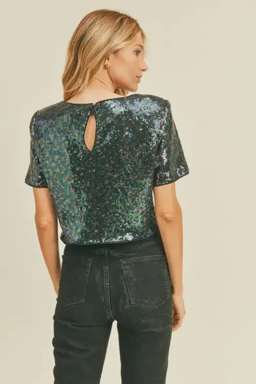 The Tiny Details Sparkle Plum Sequin Short Sleeve Top