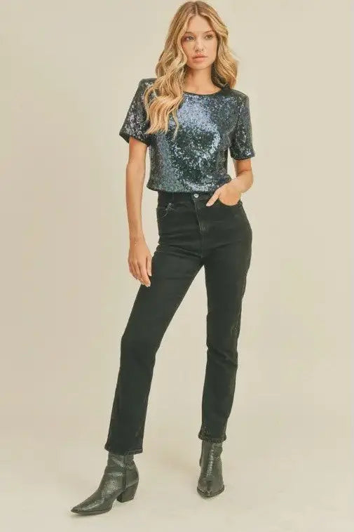 The Tiny Details Sparkle Plum Sequin Short Sleeve Top