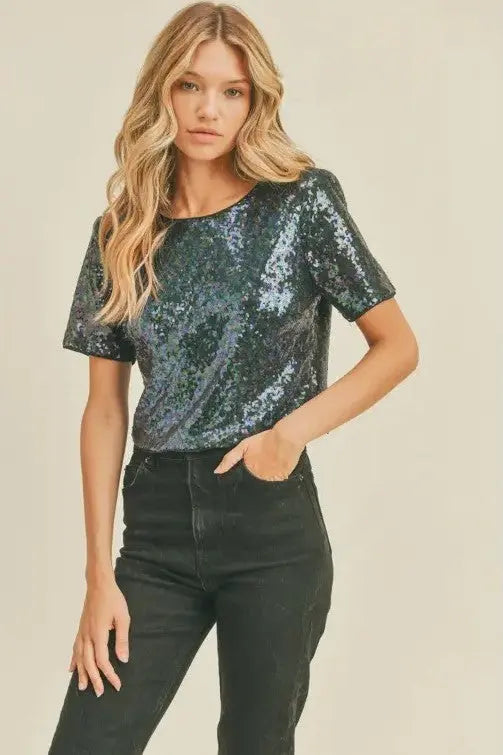 The Tiny Details Sparkle Plum Sequin Short Sleeve Top