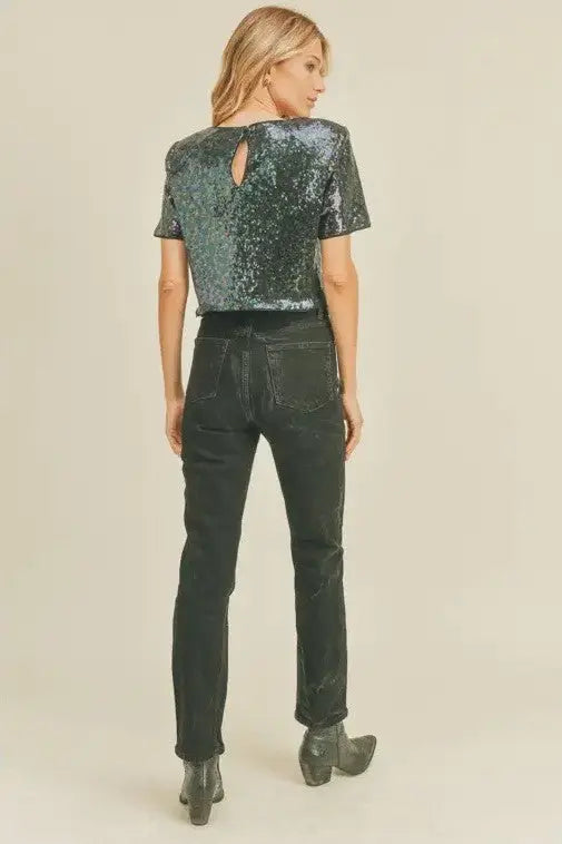 The Tiny Details Sparkle Plum Sequin Short Sleeve Top