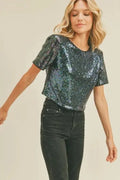 The Tiny Details Sparkle Plum Sequin Short Sleeve Top