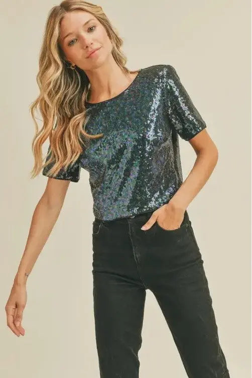 The Tiny Details Sparkle Plum Sequin Short Sleeve Top