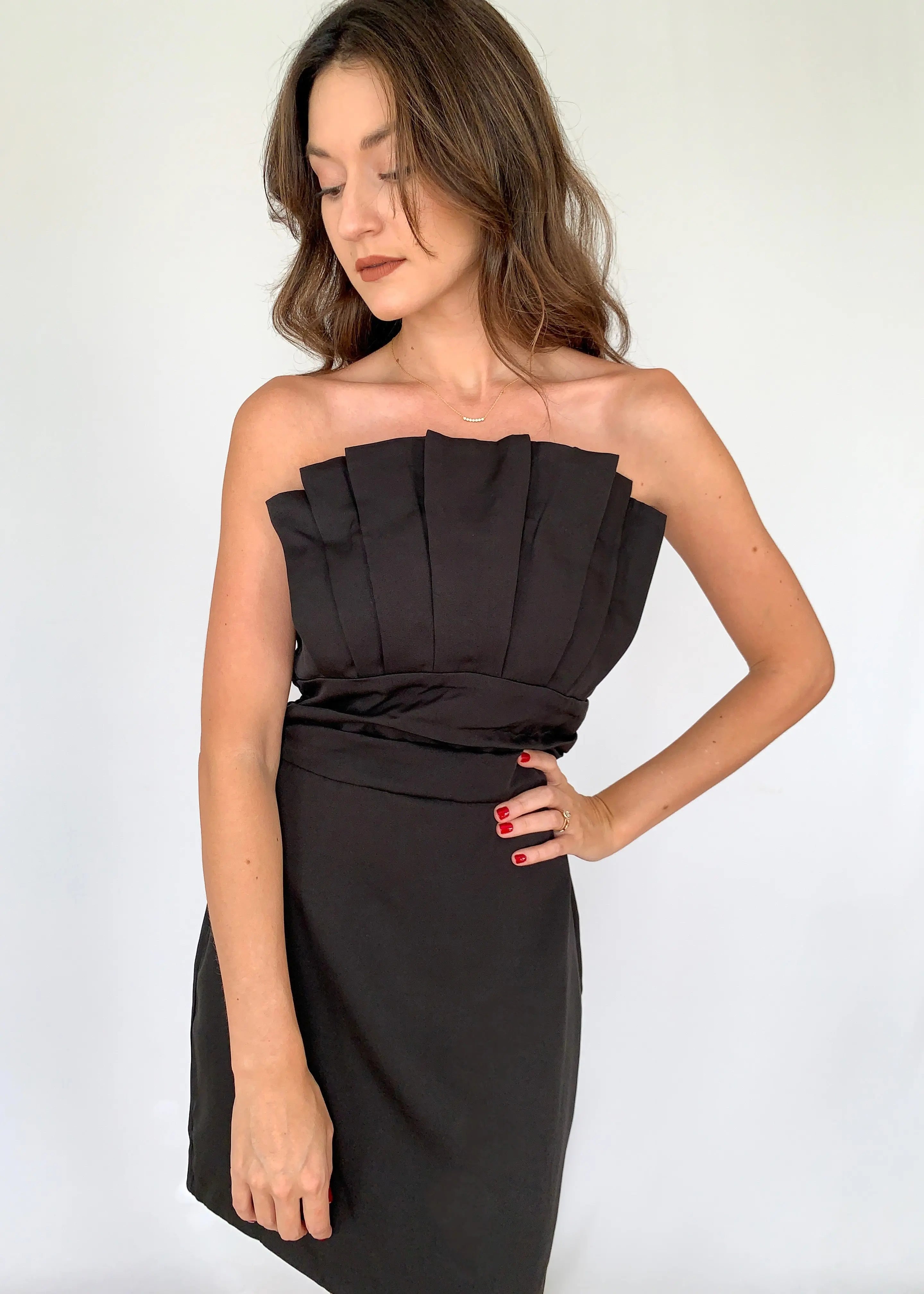The Tiny Details Strapless Black Pleated Top Detail Dress