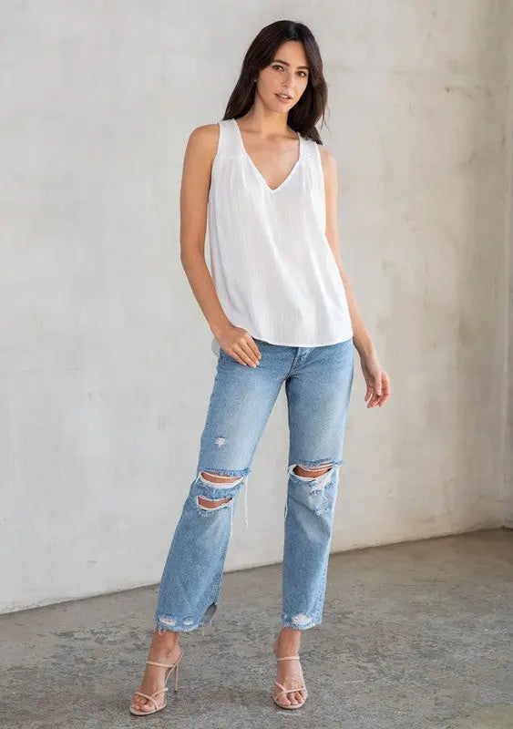 The Tiny Details Striped Jacquard Smocked Racerback Tank Top
