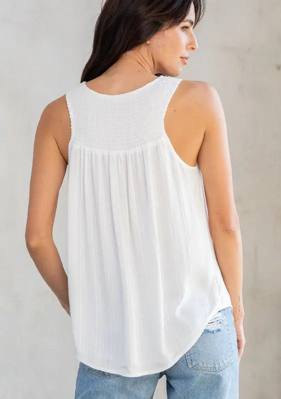 The Tiny Details Striped Jacquard Smocked Racerback Tank Top