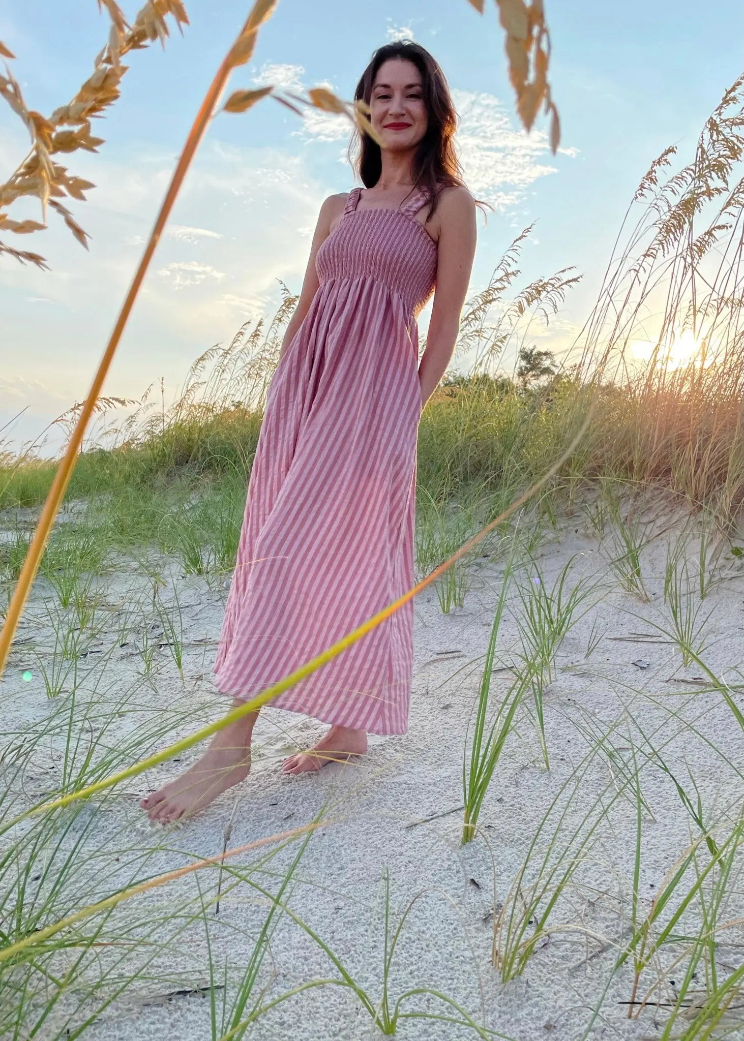 The Tiny Details Striped Mauve Cotton Smocked Dress