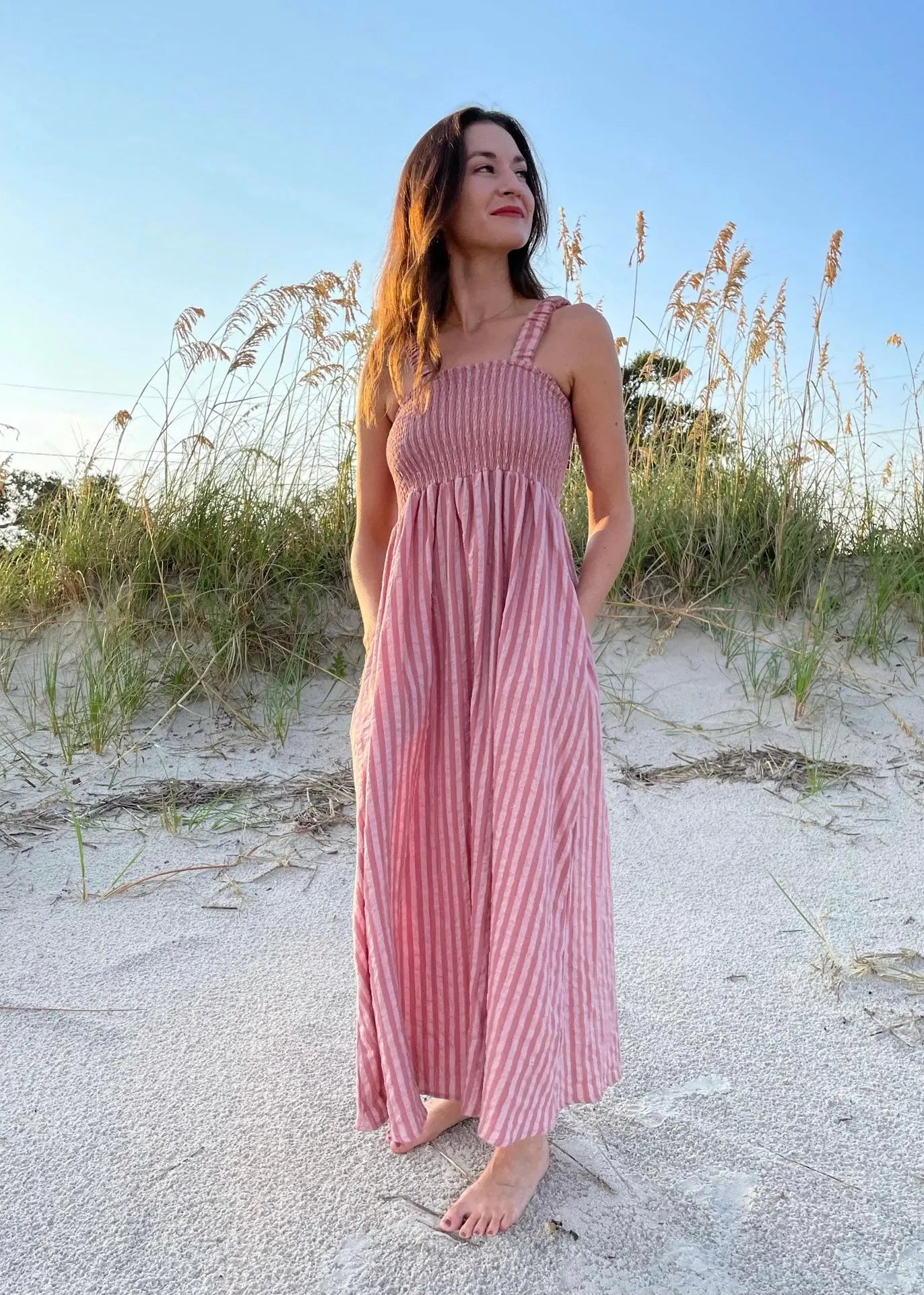 The Tiny Details Striped Mauve Cotton Smocked Dress