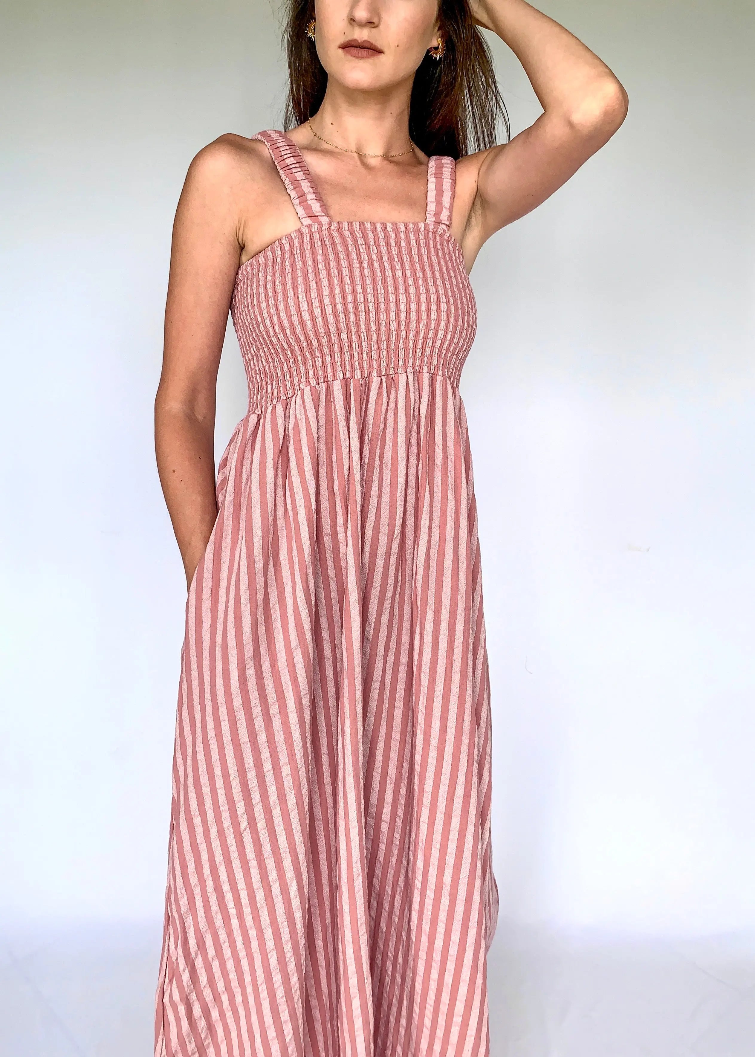 The Tiny Details Striped Mauve Cotton Smocked Dress