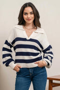 The Tiny Details Striped V-Neck Collared Pullover