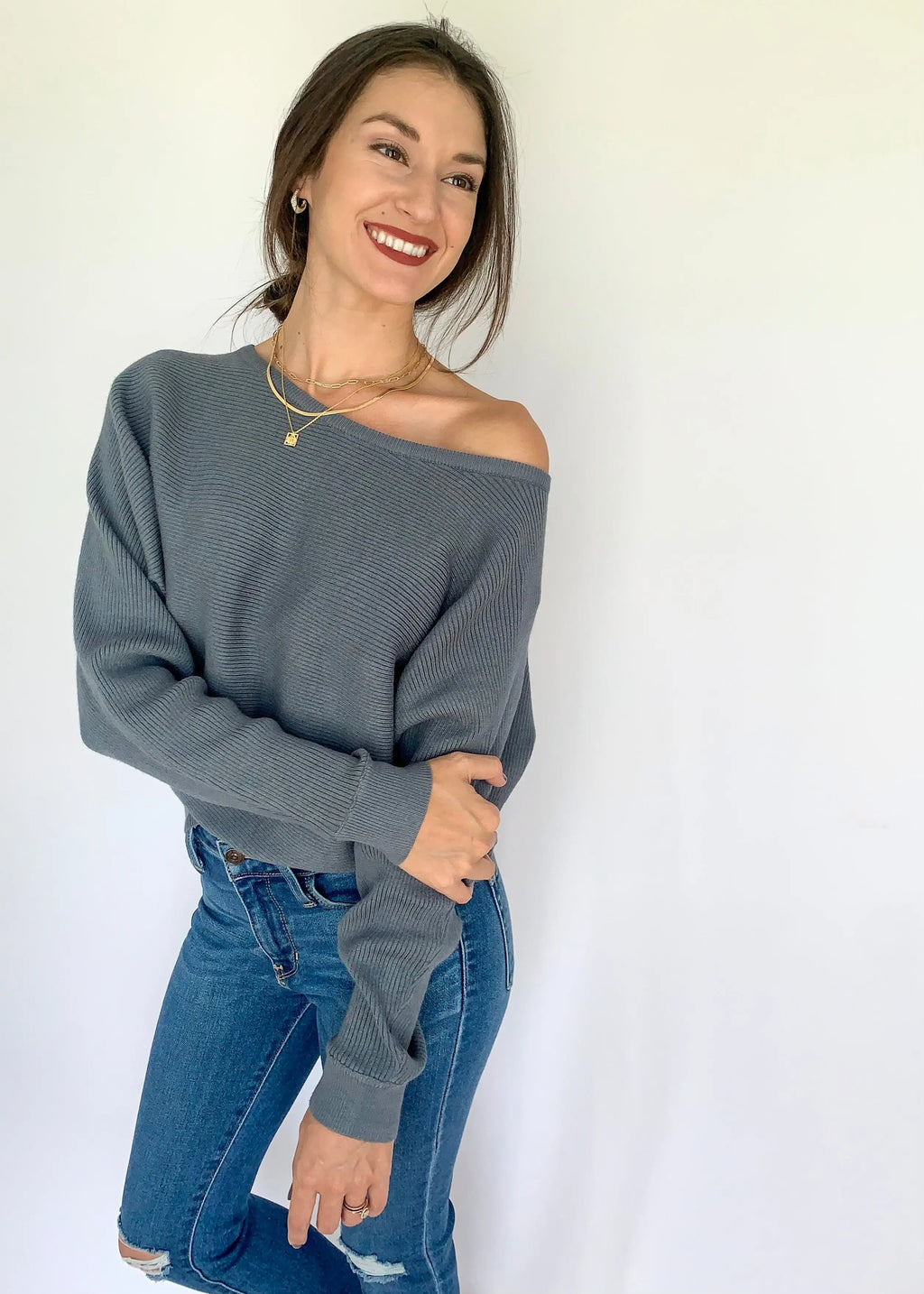 The Tiny Details Teal Rib Knit OTS Dolman Sweater *Size XLarge*