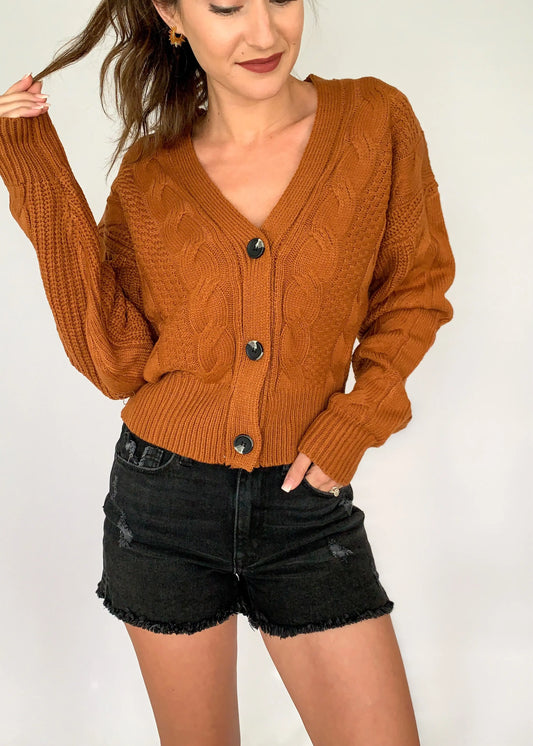 The Tiny Details modeling a terracotta chunky cable knit cardigan for womens fall fashion