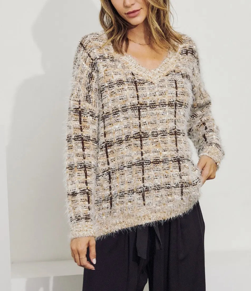 The Tiny Details Textured Brown Plaid Pullover Sweater