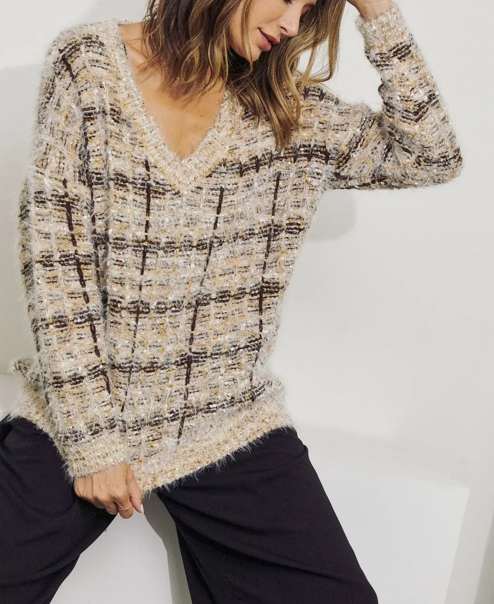 The Tiny Details Textured Brown Plaid Pullover Sweater