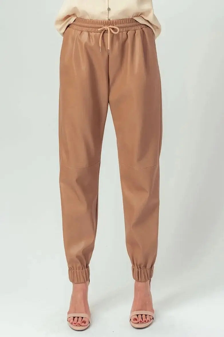 The Tiny Details Vegan Faux Leather Camel Jogger Pants *Size Medium*