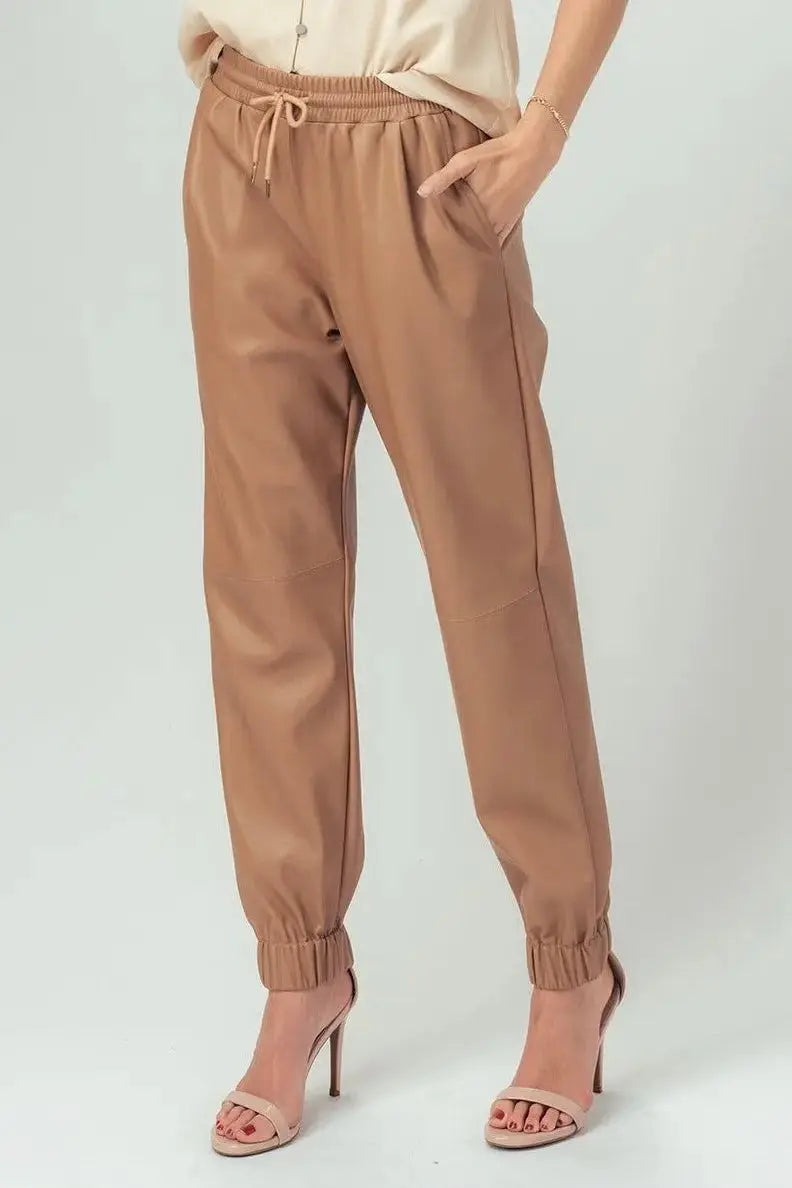The Tiny Details Vegan Faux Leather Camel Jogger Pants *Size Medium*