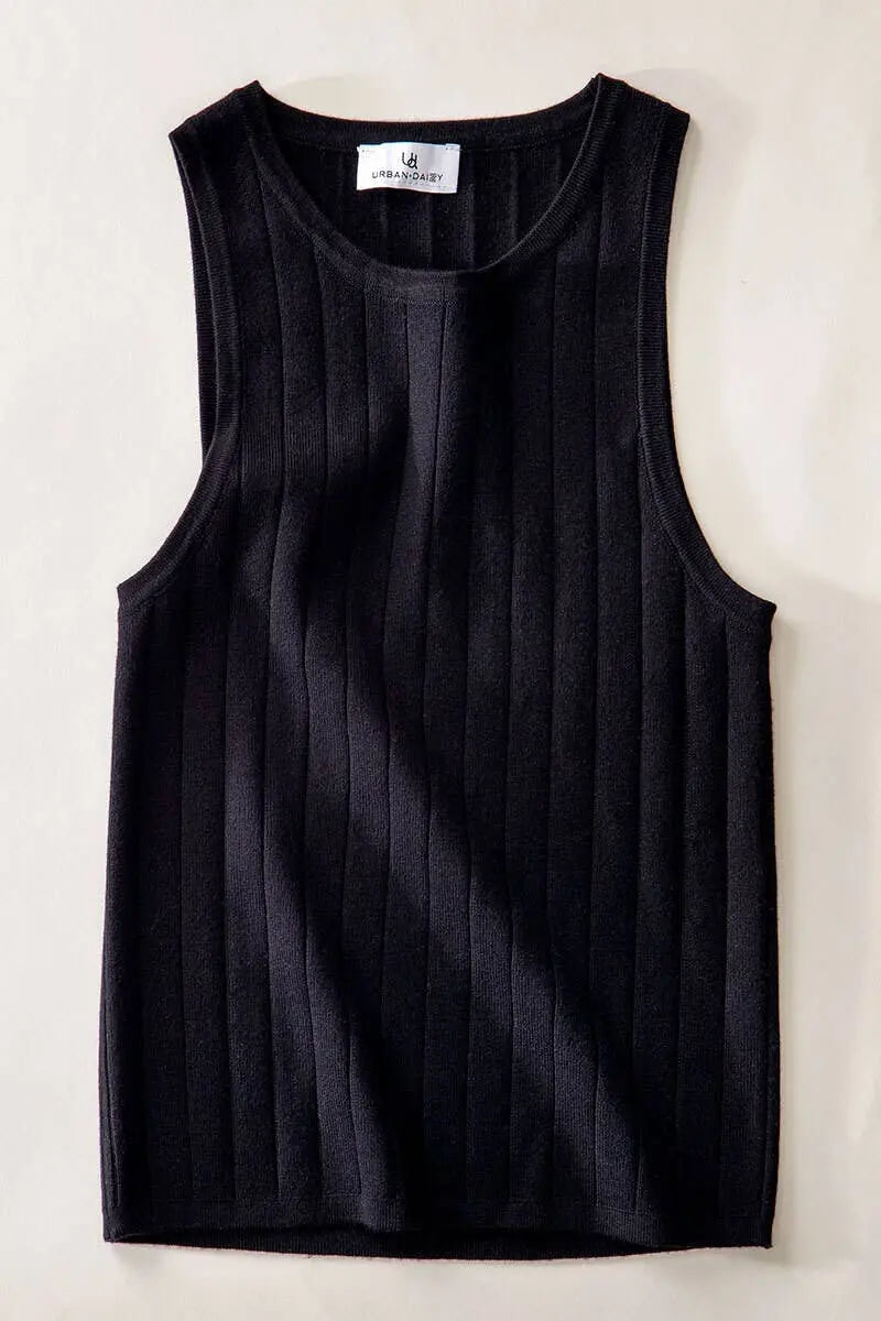 The Tiny Details Wide Rib Knit Black Sleeveless Top