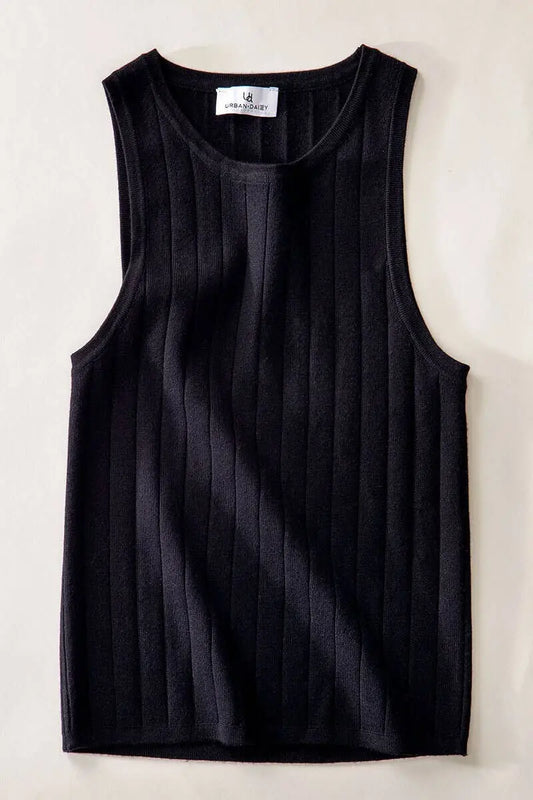 The Tiny Details Wide Rib Knit Black Sleeveless Top