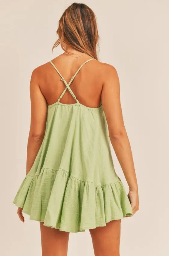 The Tiny Details Wrinkle Spaghetti Strap Ruffle Hem Mini Dress