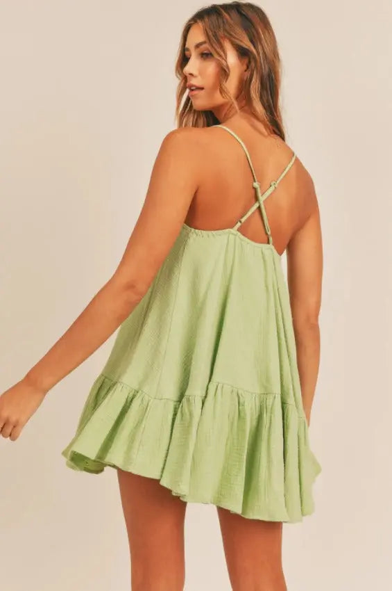 The Tiny Details Wrinkle Spaghetti Strap Ruffle Hem Mini Dress