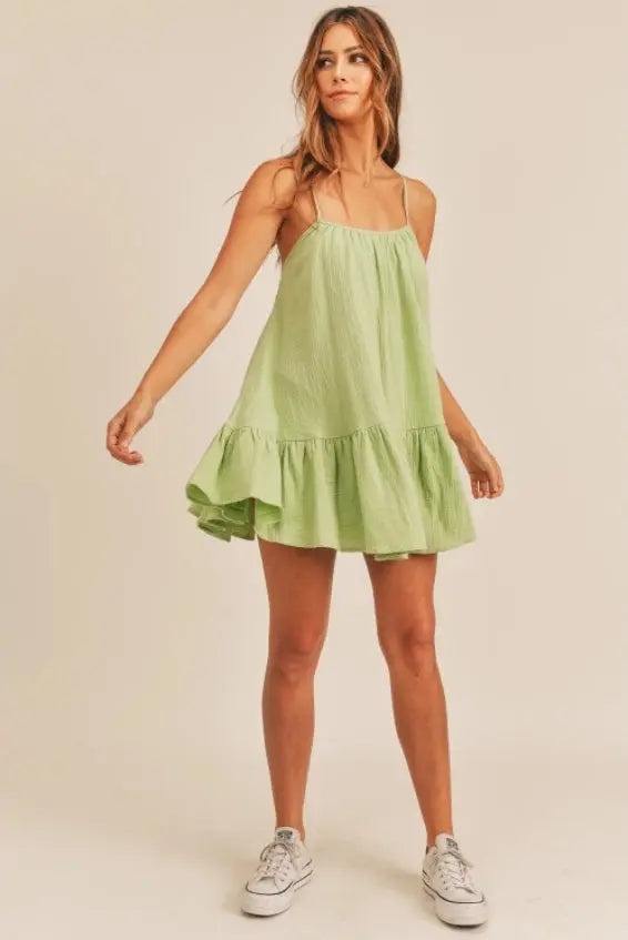The Tiny Details Wrinkle Spaghetti Strap Ruffle Hem Mini Dress
